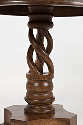 Jofran Global Archive Solid Mango Wood Hand Carved Pedestal Dining Table, Vintage Side Table, 30L X 30W X 30H, Brown