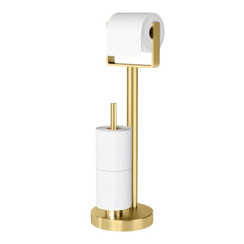YUMORE Toilet Paper Holder Stand with Storage, Bathroom Weighted Base Floor Toilet Paper Roll Holder Free Standing for 3 Rolls, Gold - color: Gold