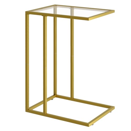 C-Shaped End Table, Side Table for Couch,Sofa Snack Table with Tempered Glass & Metal Frame,Small TV Tray Table for Small Space,Living Room, Bedroom, Bedside,Modern Style, Gold - color: Gold - Clear Glass, size: 1 PC