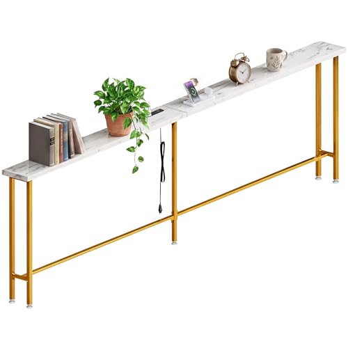 90" Narrow Sofa Table with Outlets (2 AC Outlets & 2 USB Ports), Behind Couch Table with Charging Station, Long Skinny Console Table for Living Room, Entryway and Hallway (White & Gold) - color: White & Gold, size: 90.5"W x 5.9"D x 31.1"H