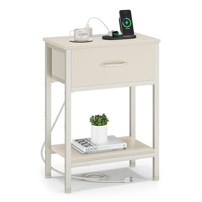 Vagusicc Nightstand with Charging Station, End Table with Fabric Drawer, Small Side Table with 2-Tier Storage Shelves, 25.4" Tall Night Stand, Bedside Table for Bedroom, Living Room, Dorm, Beige - color: Beige (1 Pack)