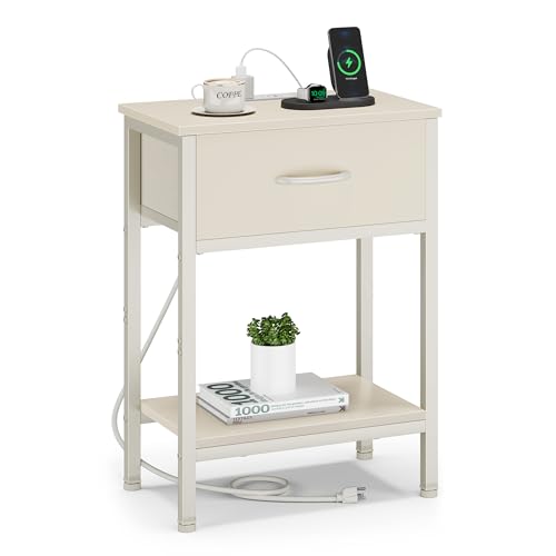 Vagusicc Nightstand with Charging Station, End Table with Fabric Drawer, Small Side Table with 2-Tier Storage Shelves, 25.4" Tall Night Stand, Bedside Table for Bedroom, Living Room, Dorm, Beige - color: Beige (1 Pack)