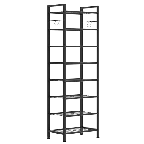 8 Tiers Narrow Shoe Rack 16-24 Pairs, Sturdy Metal Tall Shoe Rack with 4 Hooks, Slim Shoe Storage Organizer with Metal Shelf, Space Saving Vertical Shoe Shelf for Entryway, Closets, Black - color: Black