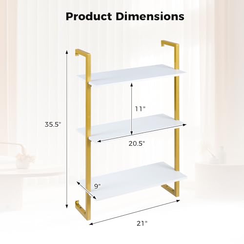 Giantex 3-Tier Wall-Mounted Bookshelf, Modern Floating Storage Display Shelves with Metal Frame, Wood Open Ladder Bookcase for Living Room, Home Office, Kitchen, White + Gold - color: White + Gold