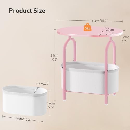 RALGEND Small Round Side Table with Fabric Basket Storage, Oval End Table for Small Spaces, Modern Coffee Bedside Table, Couch Side Table for Living Room, 15.7" X 11.8" X 24", Pink and White 8601BZPK - color: Pink