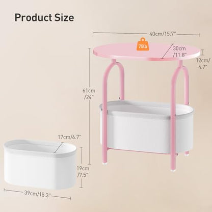 RALGEND Small Round Side Table with Fabric Basket Storage, Oval End Table for Small Spaces, Modern Coffee Bedside Table, Couch Side Table for Living Room, 15.7" X 11.8" X 24", Pink and White 8601BZPK - color: Pink