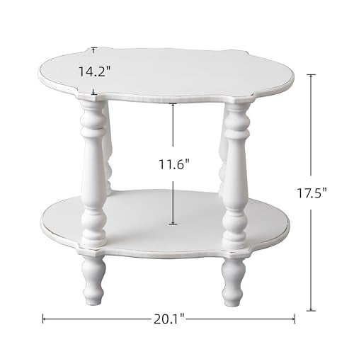 SOFE Elegant Scalloped Small White End Table, 18 Inches Tall Side Table, Farmhouse Wood End Table with Turned Legs for Living Room Bedroom, Rustic Nightstand with 2-Tier Storage for Books Plants Decor