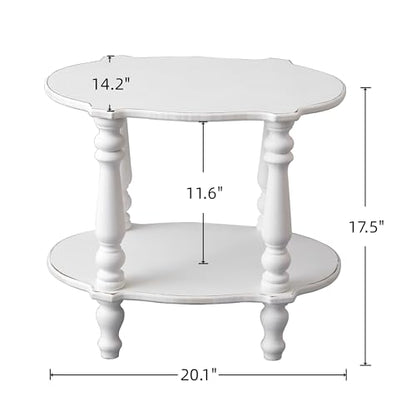SOFE Elegant Scalloped Small White End Table, 18 Inches Tall Side Table, Farmhouse Wood End Table with Turned Legs for Living Room Bedroom, Rustic Nightstand with 2-Tier Storage for Books Plants Decor