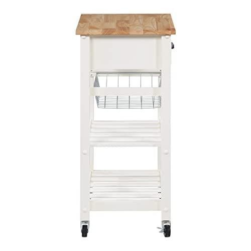 OSP Home Furnishings Hampton Kitchen Cart with Wood Top, Utensil Drawer, Under Cabinet Basket, and 2 Slatted Shelves, White Base
