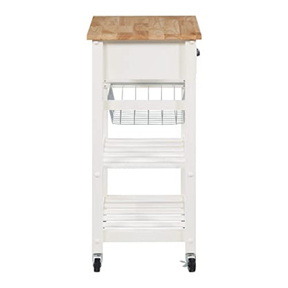 OSP Home Furnishings Hampton Kitchen Cart with Wood Top, Utensil Drawer, Under Cabinet Basket, and 2 Slatted Shelves, White Base