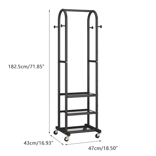 Dttwacoyh Clothing Rack with Wheels,Narrow Metal Garment Rack,Black | Easy to install, 71.8 Inches Display Rack with 4 Side Hooks & 3 Shelves,for Small Flats, Bedroom, Entryway,Black Clothes Rack - color: Black