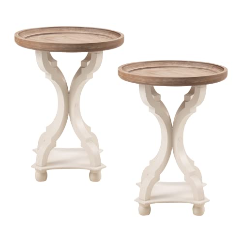 Farmhouse End Table Set of 2 Rustic Accent Side Table, Natural Tray Top Nightstand for Family, Dining or Living Room, Handcrafted Finish, Modern, Concave Legs - color: Round, size: 2-Pack