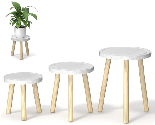 3-Pack Wood Plant Stands Indoor, Single Plant Stand for 6-12 Inch Pots, Mid-Century Modern Plant Stool, Tall Plant Stand for Large Plants for Living Room, Balcony, Office (White) - color: White Tray with Wood Color Legs
