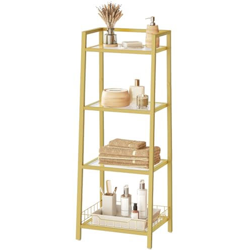 HOOBRO Gold Glass Shelf Stand, 4 Tier Standing Shelf Unit, Bathroom Organizer and Storage, Floor Storage Shelves Waterproof, for Bathroom, Laundry, Toilet, Tempered Glass, Gold GD79CJ01 - size: 15" L x 11.8" W x 42.1" H