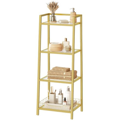 HOOBRO Gold Glass Shelf Stand, 4 Tier Standing Shelf Unit, Bathroom Organizer and Storage, Floor Storage Shelves Waterproof, for Bathroom, Laundry, Toilet, Tempered Glass, Gold GD79CJ01 - size: 15" L x 11.8" W x 42.1" H