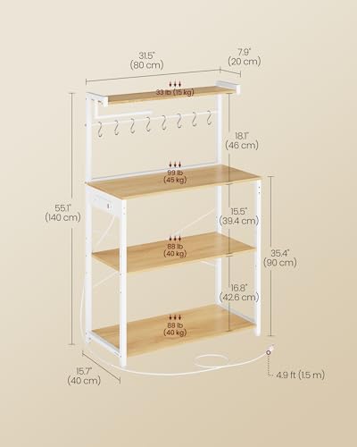 VASAGLE BARNET Collection - Kitchen Bakers Rack with Power Outlet, 31.5-Inch Wide Coffee Bar 4-Tier with 8 S Hooks, Modern Microwave Stand, Adjustable Shelf, Golden Oak and Cloud White UKKS029YA01 - color: Golden Oak + Cloud White, size: 31.5"W