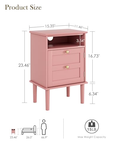 Nightstand, Boho Night Stand with 1 Drawers, Modern Side Accent Table with Open Shelf, Wooden Top Bedside End Table for Bedroom, Living Room, Pink - color: Pink