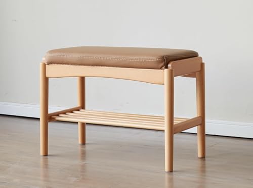 Oak Wood Shoe Bench, 32 Inch Entryway Bench with Brown Leather Cushion | Spacious oak seating with brown leather cushion combines durability, comfort and premium home design. - color: Natural + Brown Leather Cushion, size: 31.49"