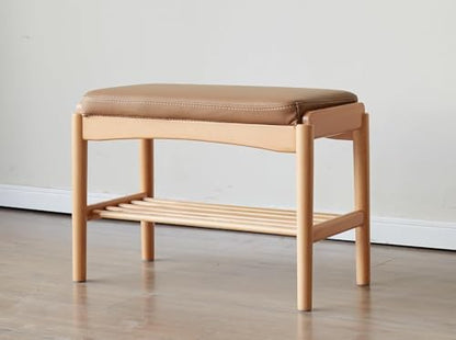 Oak Wood Shoe Bench, 32 Inch Entryway Bench with Brown Leather Cushion | Spacious oak seating with brown leather cushion combines durability, comfort and premium home design. - color: Natural + Brown Leather Cushion, size: 31.49"