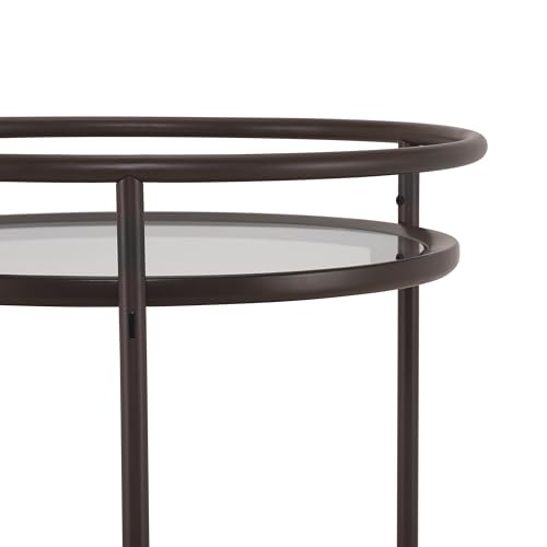 GDFStudio Modern Coffee Brown Round Bar Cart with Dual Tempered Glass Shelves, Gold Metal Accents and Lockable Casters, Rolling Beverage Serving Cart for Living Room, Dining Room or Kitchen - color: Coffee