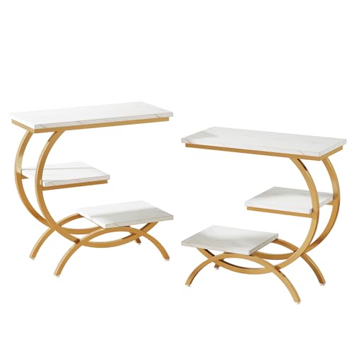 Tribesigns C-Shaped End Table Set of 2, Industrial 3-Tier Small Side Table for Couch, Wood Bedside Table Snack Side Table with Storage Shelves for Living Room Small Space, White Gold - color: White Gold