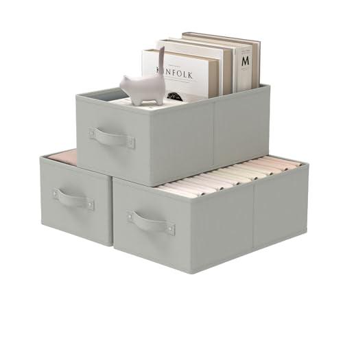 Storage Boxes, Fabric Clothes Bins, 3 Pack, Grey, 16.1x9.8x6.5 In | Foldable Closet Organizers System with 2 Handles, Storage Baskets for Kitchen Cabinets and Bathroom Vanities - color: Grey, size: Medium