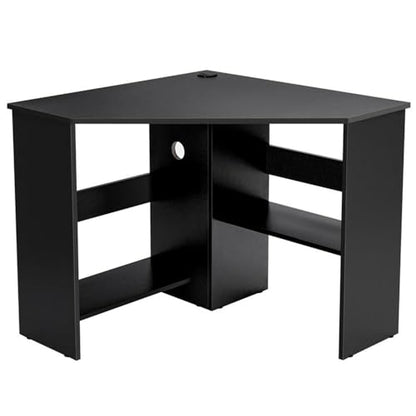 Pemberly Row Corner Computer Desk, Black Finish, Compact Triangle Design, Cable Management Holes, Spacious Storage Shelves, Scratch-Resistant Surface, Versatile Home Office or Bedroom Workstation