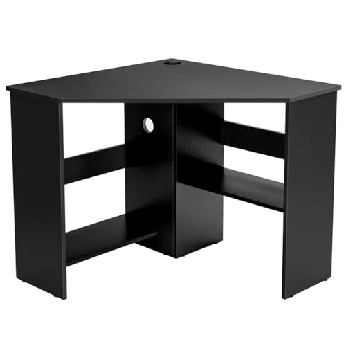 Pemberly Row Corner Computer Desk, Black Finish, Compact Triangle Design, Cable Management Holes, Spacious Storage Shelves, Scratch-Resistant Surface, Versatile Home Office or Bedroom Workstation