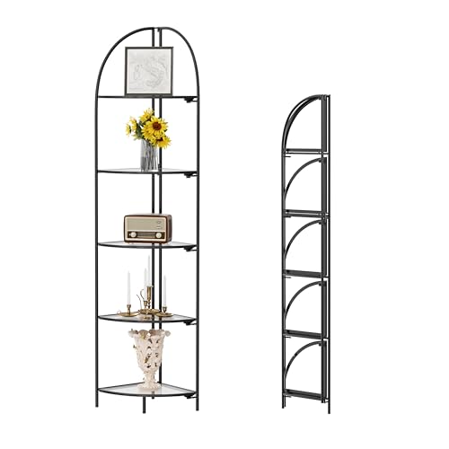 Crofy 5-Tier Foldable Corner Shelf, Metal Black Frame & Transparent Shelves | Corner Plant Stand, Corner Display Rack, Multipurpose Shelving Unit for Living Room, Bedroom and Bathroom - color: Black Frame & Transparent Shelf, size: 5 Tier