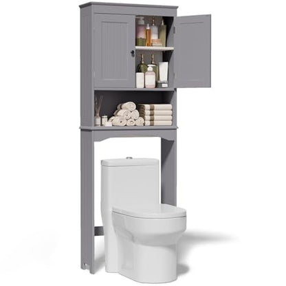Gizoon Over The Toilet Storage Cabinet with Adjustable Shelf and Double Doors, Bathroom Space Saver Organizer Above Toilet with Open Shelf, Taller Wooden Free Standing Toilet Rack -Grey - color: Grey