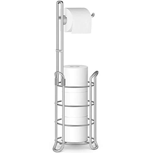 TomCare Toilet Paper Holder Toilet Paper Stand Free-Standing Toilet Tissue Paper Roll Bathroom Storage Shelf and Dispenser for 3 Spare Rolls Metal Wire Bathroom Accessories Storage Organizer - color: Silver Grey, size: Standard