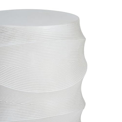 White Textured Wave Drum Side Table, Indoor Outdoor Round Accent End Table, Modern Sculptural Garden Stool Plant Stand for Patio Living Room Bedroom Entryway