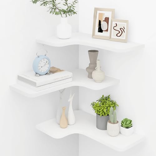 Homode Corner Floating Shelves, Set of 3 Corner Wall Shelves with Wire Hole, L-Shaped Wood Hanging Storage Shelf for Wall Decor, for Bathroom Kitchen Bedroom, White - color: White