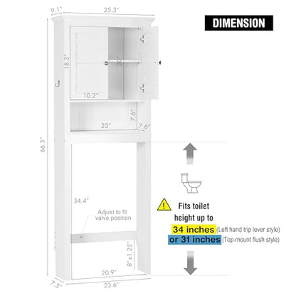 Spirich Over The Toilet Storage Cabinet with Louvered Doors & Hooks, White | Space-Saving Bathroom Organizer, Adjustable Shelf & Bottom Crossbar, 34.4-Inch Clearance, Anti-tip Device, FSC-Certified MDF - style: Louvered Door
