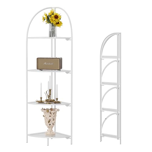 Crofy 4-Tier Foldable Corner Shelf, Metal White Frame & Transparent Shelves | Corner Plant Stand, Corner Display Rack, Multipurpose Shelving Unit for Living Room, Bedroom and Bathroom - color: White Frame & Transparent Shelf, size: 4 Tier