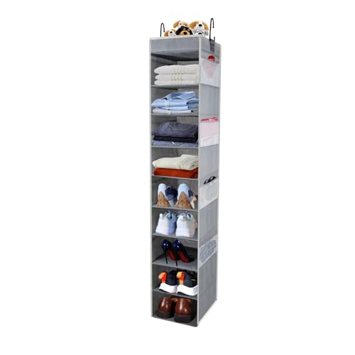 Large-Sized Hanging Shoe Organizer 10-Shelf, Sturdy Hanging Closet Organizer with 8 Side Pockets, Wider Hanging Shelves for Storage Shoes Clothes Jeans Shirts Toys, Grey - color: Grey, size: 1 pack