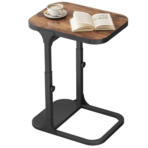 Kitstorack Ultra Stable & Durable End Table, Ajustable Height C Shaped Side Table for Couch, Sofa Side Table with Thickened Metal Frame for Living Room, Bedroom, Rustic - color: Brown