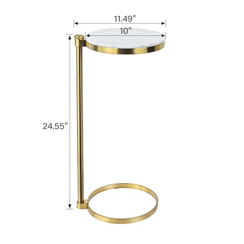 TEHOME Gold Marble Drink Table Metal Martini Round Small Drink Side Table for Couch Marble C Shaped End Table for Sofa 10" diam,24.55" h - color: Gold With Marble Top