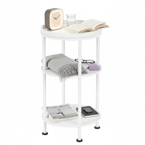 Small Round Side Table with Tray Top (Patented Design), 11.8" Narrow End Table for Small Spaces, 3-Tier Modern White Nightstand, Original Accent Furniture for Living Room Bedroom (Classic, White) - color: White, style: Classic