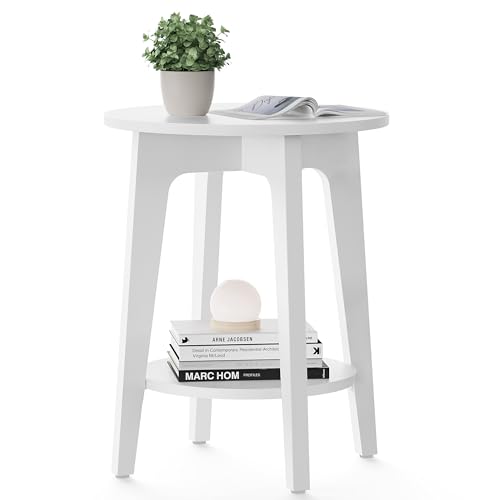 VASAGLE MAEZO Collection - Side Table, 2-Tier Small Round End Table, Nightstand with Tapered Legs, Curved Transitions, for Small Spaces, Living Room, Bedroom, Cloud White ULET283T14 - color: Cloud White, size: 1 pack
