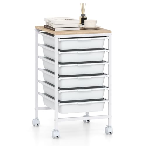GOFLAME 6-Drawer Rolling Storage Cart, Craft Storage Cart with Wood Tabletop and Lockable Wheels, Art Cart Supply Storage Organizer with Metal Frame for Home Office Classroom, White - color: White, size: 6 Drawer with Wood Top-13"x14.5"x22.5"