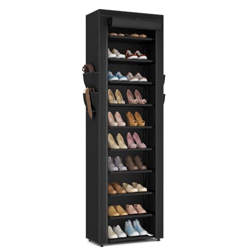 ROJASOP Shoe Rack with Covers 10 Tier Large Shoe Organizer Tall Shoe Closet Storage for 20-22 Pairs Shoe and Boot, Free Standing Shoe Rack Organizer for Closet, Entryway, Bedroom, Black - color: Black, size: 17.7"W - 10 Tier