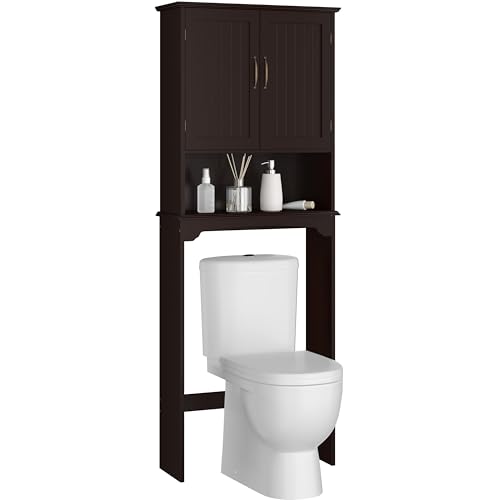 Yaheetech Over The Toilet Storage with 2 Doors & Adjustable Shelf, Free Standing Toilet Rack Wooden Space-saving Collect Cabinet, Bathroom Furniture, 9Dx24.5Wx66H Inches, Espresso - color: Espresso