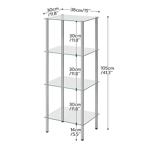 HOOBRO Glass Shelf, 4 Tier Bathroom Standing Shelf Unit, Tempered Glass Shelving Stand for Small Space, Perfume Stand Organizer, Space-Saving, for Bathroom, Bedroom, Steel Frame, Silver SV04CJ01 - size: 15" L x 11.8" W x 41.3" H