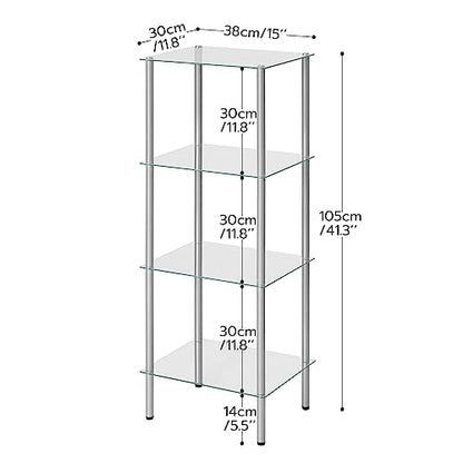 HOOBRO Glass Shelf, 4 Tier Bathroom Standing Shelf Unit, Tempered Glass Shelving Stand for Small Space, Perfume Stand Organizer, Space-Saving, for Bathroom, Bedroom, Steel Frame, Silver SV04CJ01 - size: 15" L x 11.8" W x 41.3" H