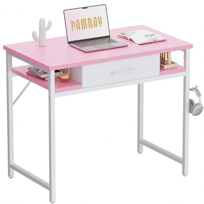Pamray 32 Inch Small Computer Desk with Drawers for Bedroom Small Spaces | Compact, Sturdy, Easy Assembly, Mini, Suitable for Dorm and Apartment, Study and Writing - color: Pink