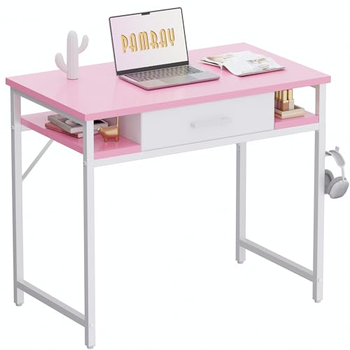 Pamray 32 Inch Small Computer Desk with Drawers for Bedroom Small Spaces | Compact, Sturdy, Easy Assembly, Mini, Suitable for Dorm and Apartment, Study and Writing - color: Pink