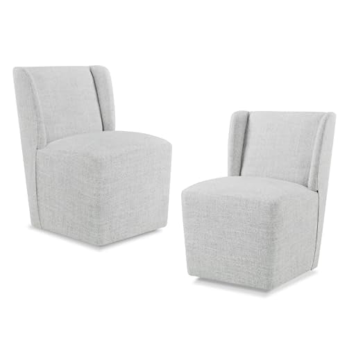 KISLOT Upholstered Dining Chairs Set of 2 with Casters, Wingback Modern Side Armless Deskchair with Rollers for Diningroom Bedroom Livingroom Reading Room, Light Grey Fabric - color: A Light Grey Fabric, size: Set of 2