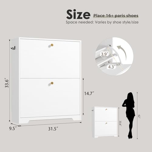 Nicetree Shoe Cabinet with 2 Flip Drawers, Narrow Shoe Organizer Cabinet, Freestanding Shoe Rack Cabinet, Modern Shoe Storage Cabinet for Entryway, Hallway, Foyer, White with Hook - color: White, style: 2-Drawers with Hook