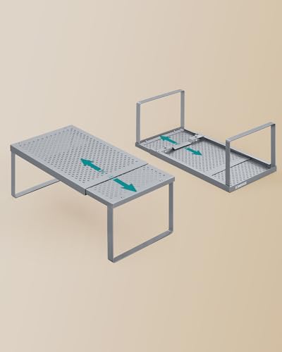 SONGMICS Spice Racks, Set of 2 Expandable Kitchen Countertop Shelves, Small Cupboard Organizers, Metal, Space-Saving Tabletop Shelves, Silver UKCS402FG01 - color: Silver, size: Set of 2